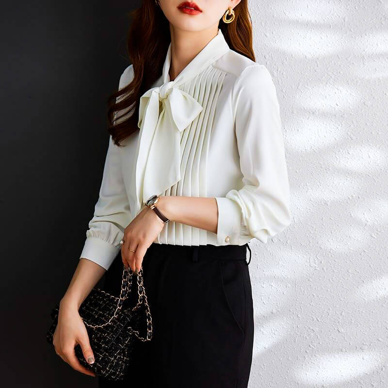 Women's Bow Tie Blouse with Pleated Front and Pearl Buttons -