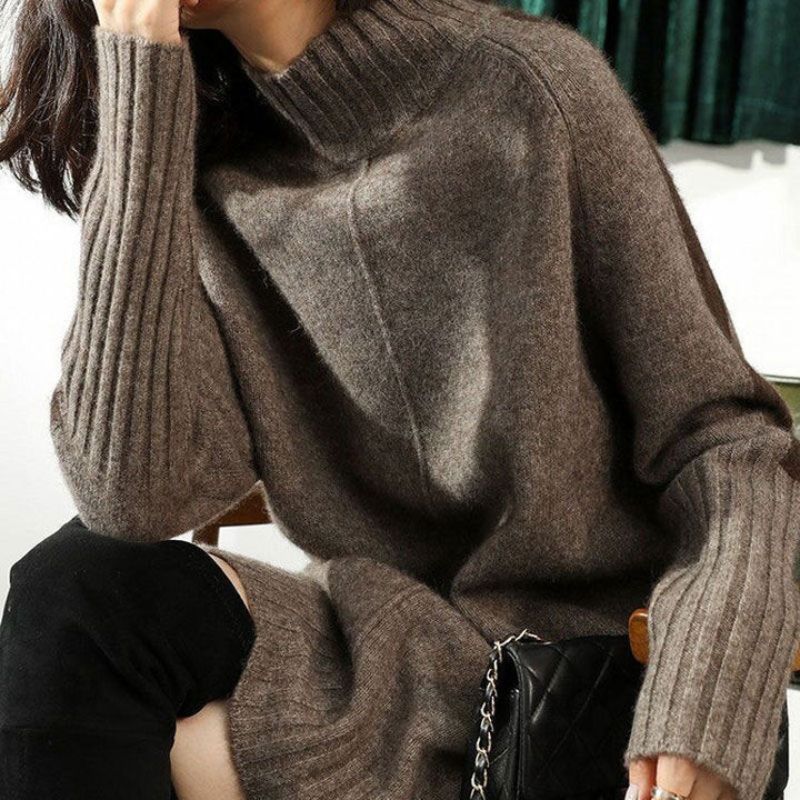 Women's Cashmere Sweater Dress with Ribbed Trim for Winter -