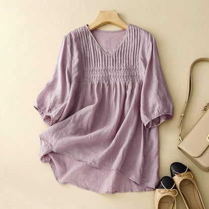 Women's Cotton-Linen Blouse with Pintucks for Summer