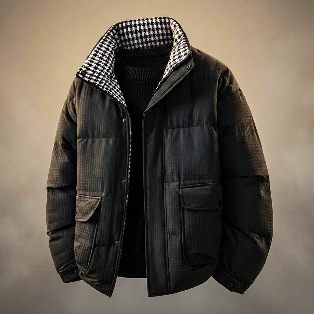 Men's Houndstooth Jacket with Stand Collar for Winter