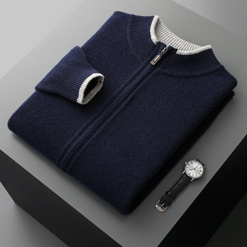 Men's Wool Zip-Up Jacket with Two-Tone Design for Autumn