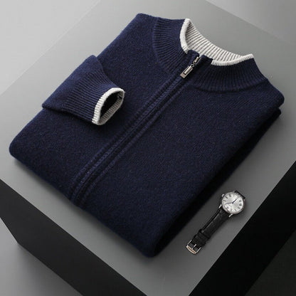 Men's Wool Zip-Up Jacket with Two-Tone Design for Autumn