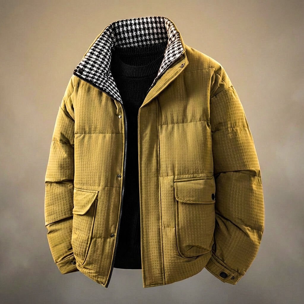 Men's Houndstooth Jacket with Stand Collar for Winter
