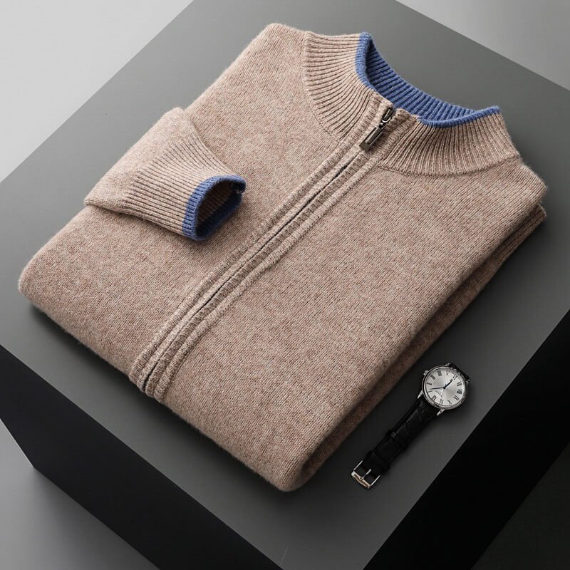 Men's Wool Zip-Up Jacket with Two-Tone Design for Autumn