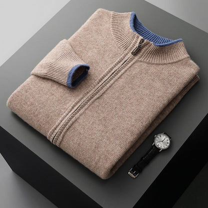 Men's Wool Zip-Up Jacket with Two-Tone Design for Autumn