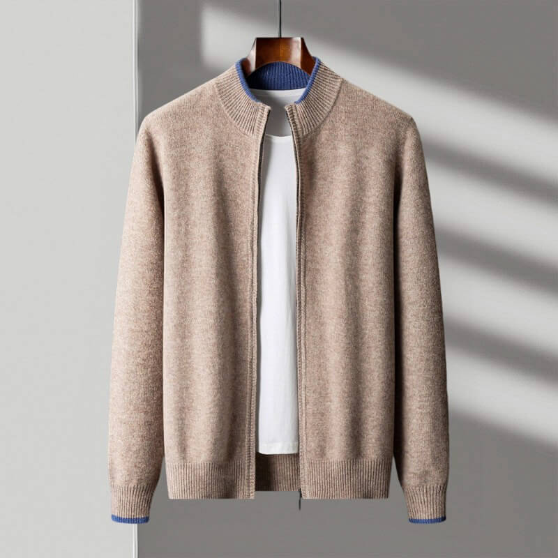 Men's Wool Zip-Up Jacket with Two-Tone Design for Autumn