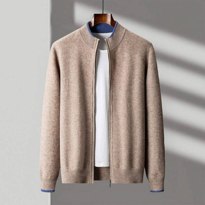 Men's Wool Zip-Up Jacket with Two-Tone Design for Autumn