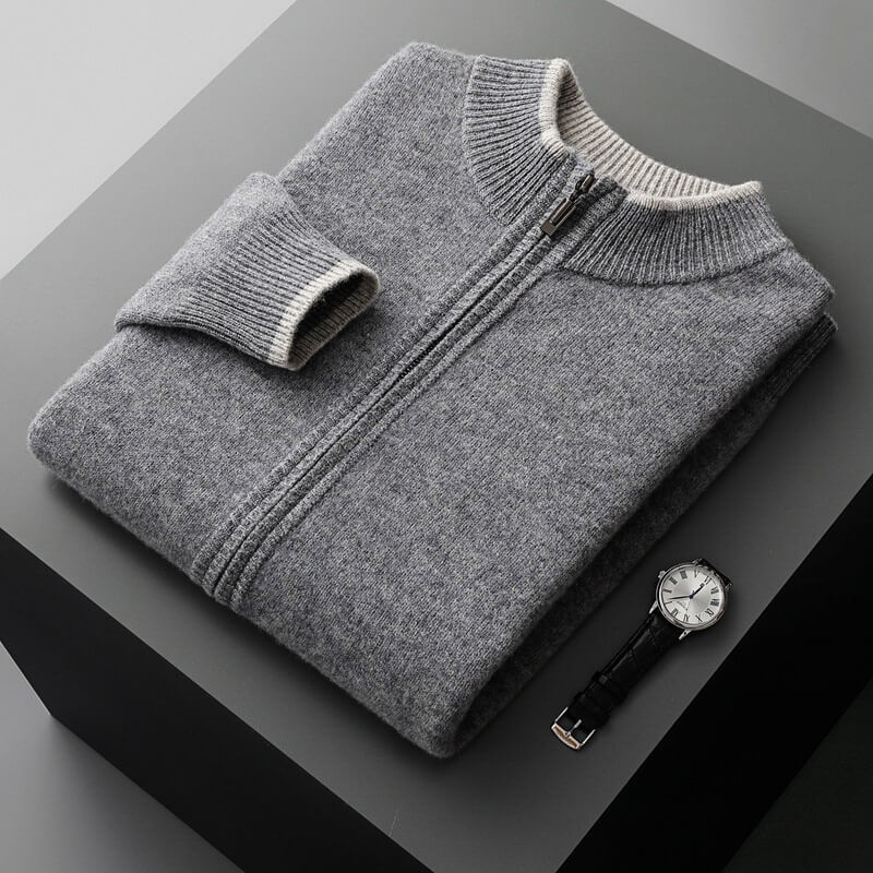 Men's Wool Zip-Up Jacket with Two-Tone Design for Autumn
