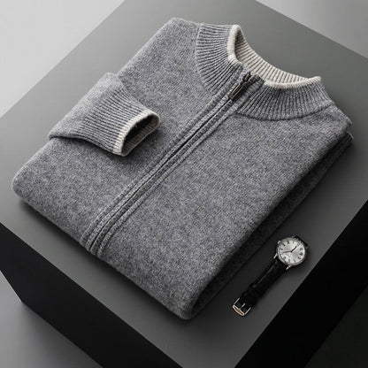 Men's Wool Zip-Up Jacket with Two-Tone Design for Autumn