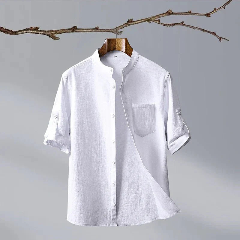 Men's Linen Shirt with Roll-Up Sleeves for Summer Season