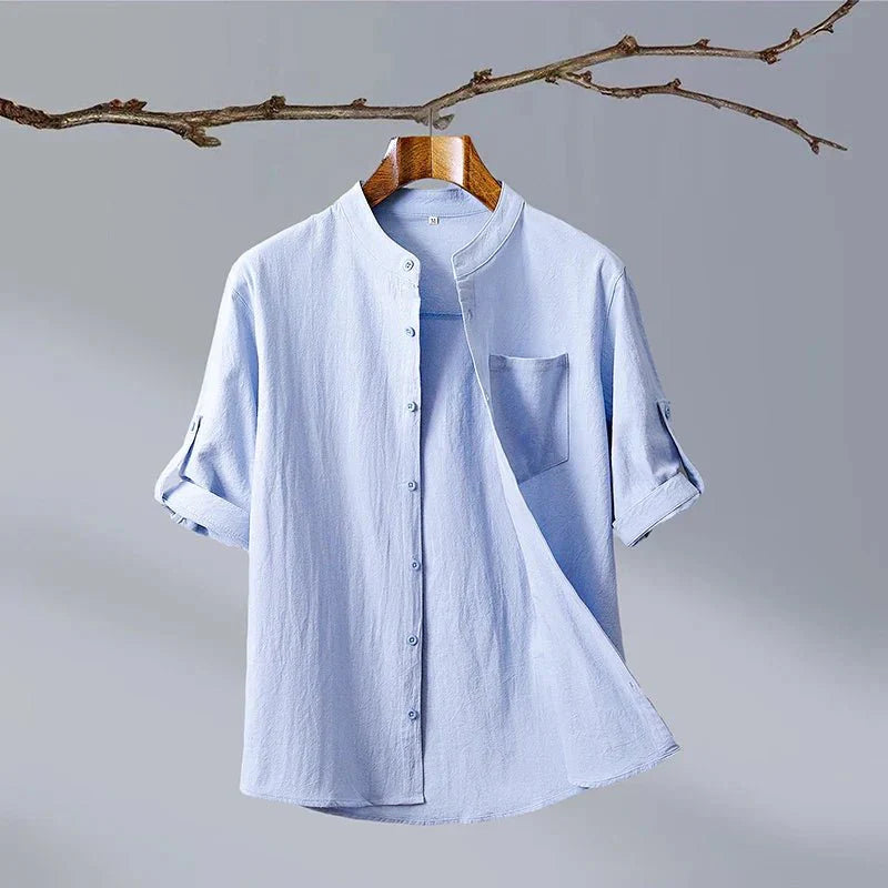 Men's Linen Shirt with Roll-Up Sleeves for Summer Season