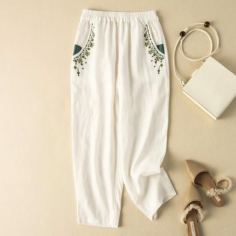 Women's Boho Harem Pants with Floral Embroidery for Summer -