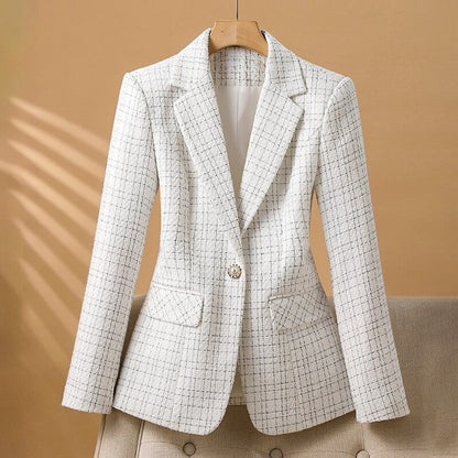 Women's Boucle Tweed Blazer with Pearl Button for Work -
