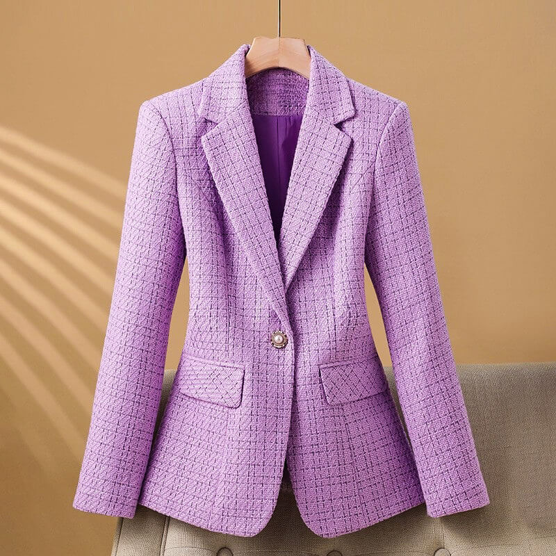 Women's Boucle Tweed Blazer with Pearl Button for Work -