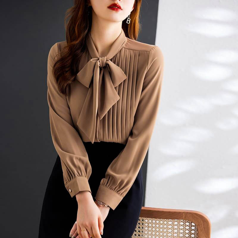 Women's Bow Tie Blouse with Pleated Front and Pearl Buttons -