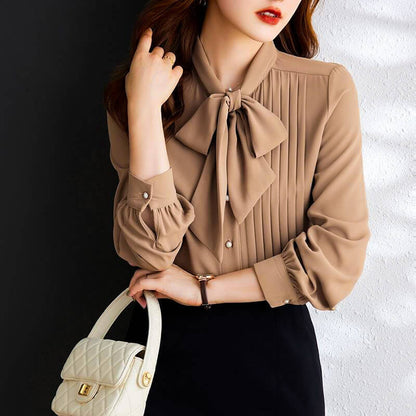 Women's Bow Tie Blouse with Pleated Front and Pearl Buttons -