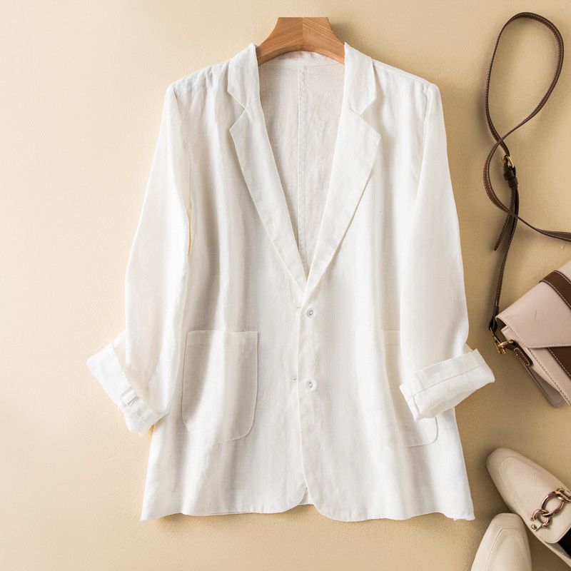 Women's Cotton-Linen Blazer with Notched Collar for Work