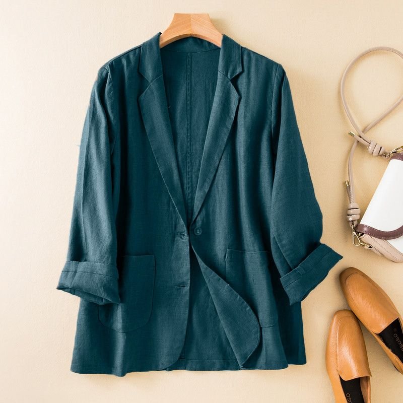 Women's Cotton-Linen Blazer with Notched Collar for Work