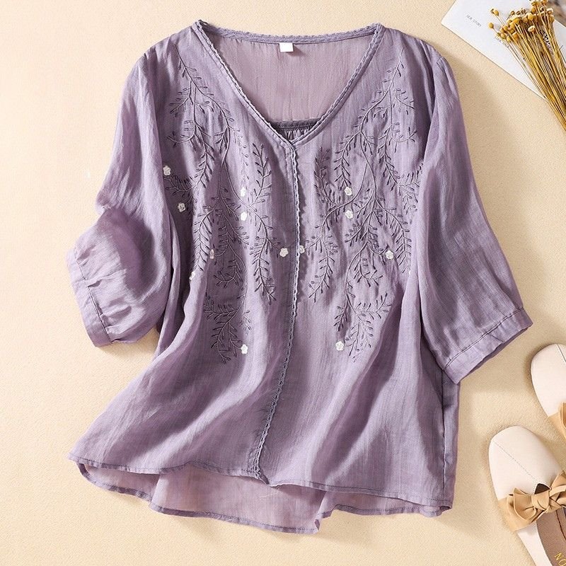 Women's Cotton-Linen Blouse with Embroidery for Summer