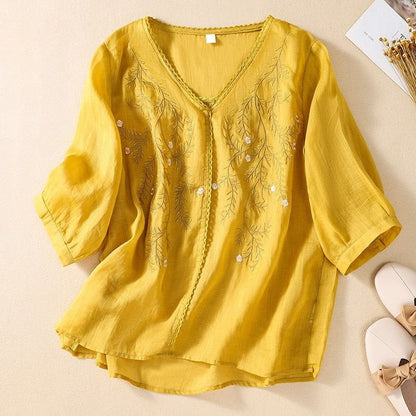 Women's Cotton-Linen Blouse with Embroidery for Summer