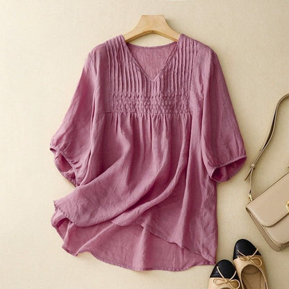 Women's Cotton-Linen Blouse with Pintucks for Summer -