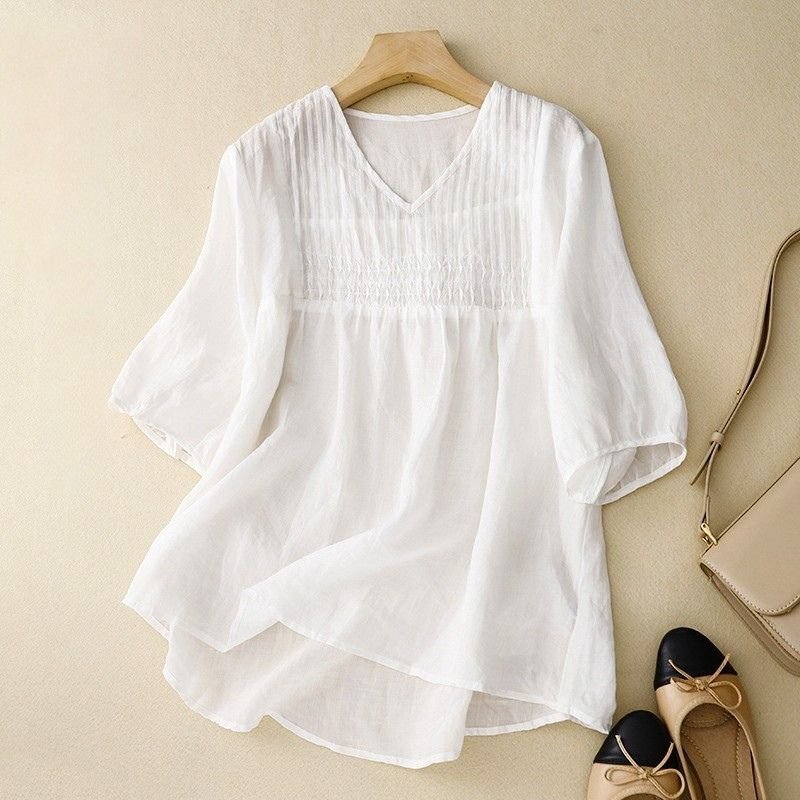 Women's Cotton-Linen Blouse with Pintucks for Summer -