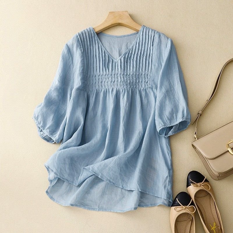 Women's Cotton-Linen Blouse with Pintucks for Summer -
