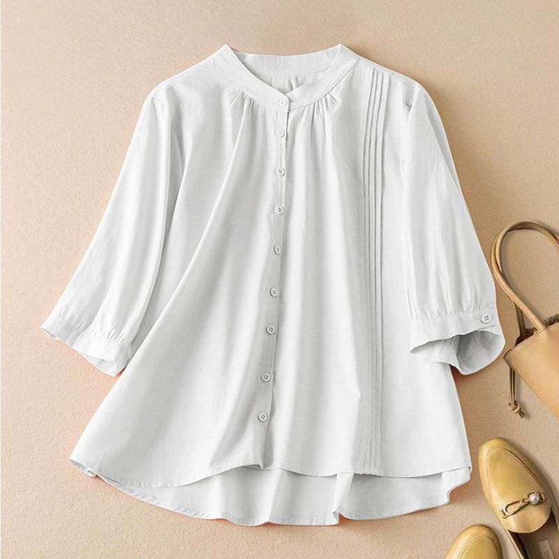 Women's Cotton-Linen Blouse with Pleated Yoke for Summer