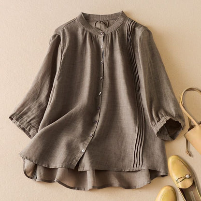Women's Cotton-Linen Blouse with Pleated Yoke for Summer