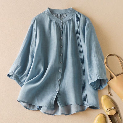 Women's Cotton-Linen Blouse with Pleated Yoke for Summer