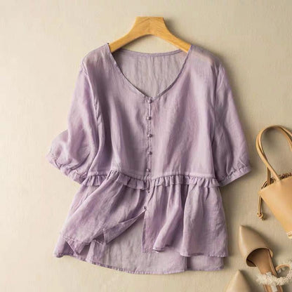 Women's Cotton-Linen Blouse with Ruffle Detail for Summer -