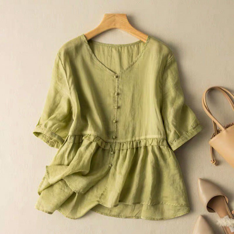Women's Cotton-Linen Blouse with Ruffle Detail for Summer -