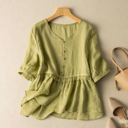 Women's Cotton-Linen Blouse with Ruffle Detail for Summer -