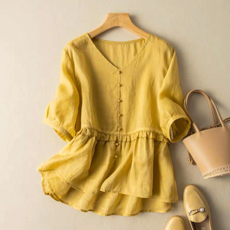 Women's Cotton-Linen Blouse with Ruffle Detail for Summer -