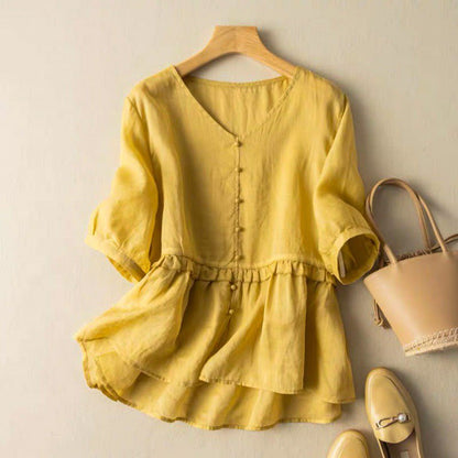 Women's Cotton-Linen Blouse with Ruffle Detail for Summer -