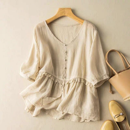 Women's Cotton-Linen Blouse with Ruffle Detail for Summer -