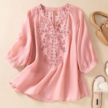 Women's Cotton-Linen Blouse with embroidery for summer -
