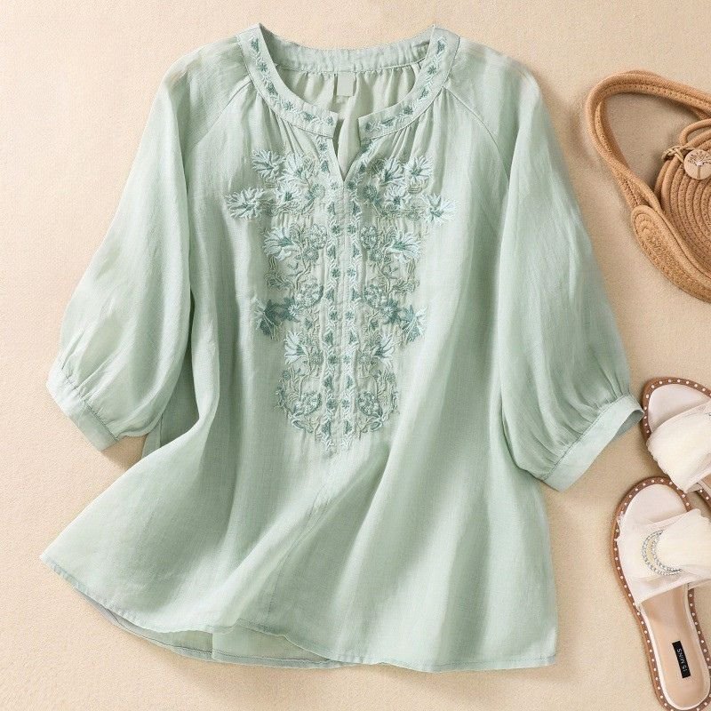 Women's Cotton-Linen Blouse with embroidery for summer -