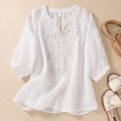 Women's Cotton-Linen Blouse with embroidery for summer -