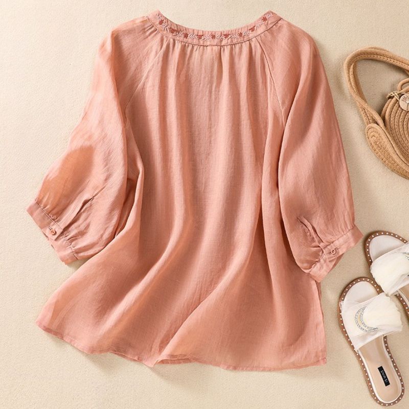 Women's Cotton-Linen Blouse with embroidery for summer -
