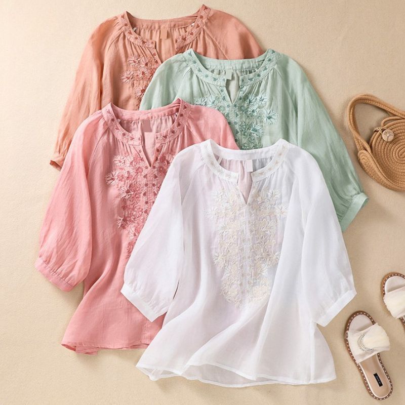 Women's Cotton-Linen Blouse with embroidery for summer -