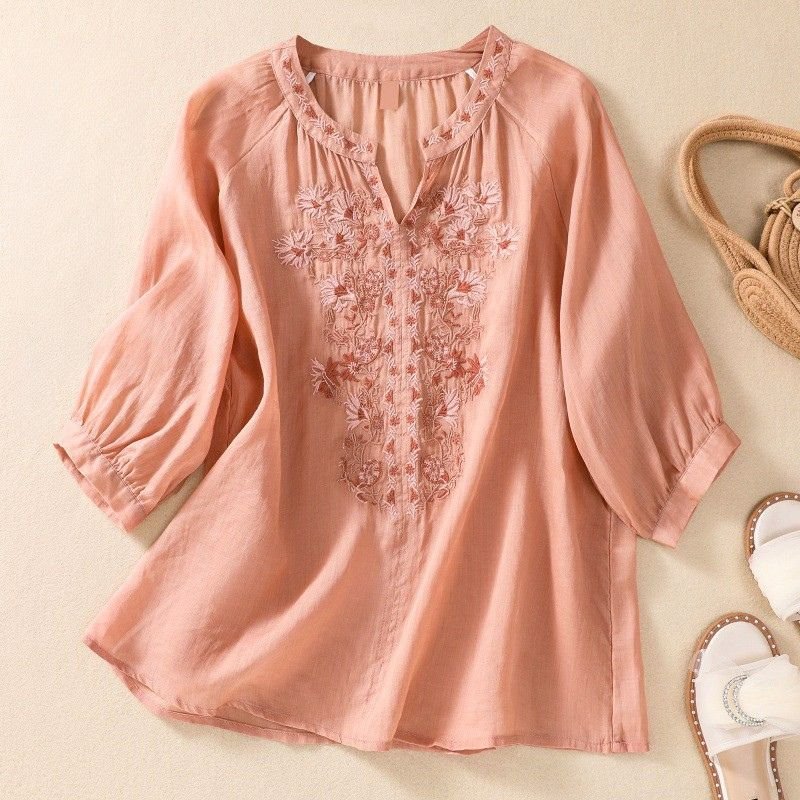 Women's Cotton-Linen Blouse with embroidery for summer -