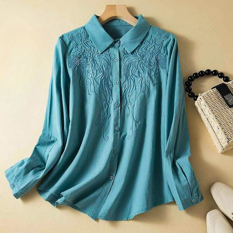 Women's Cotton-Linen Shirt with Embroidery for Summer -