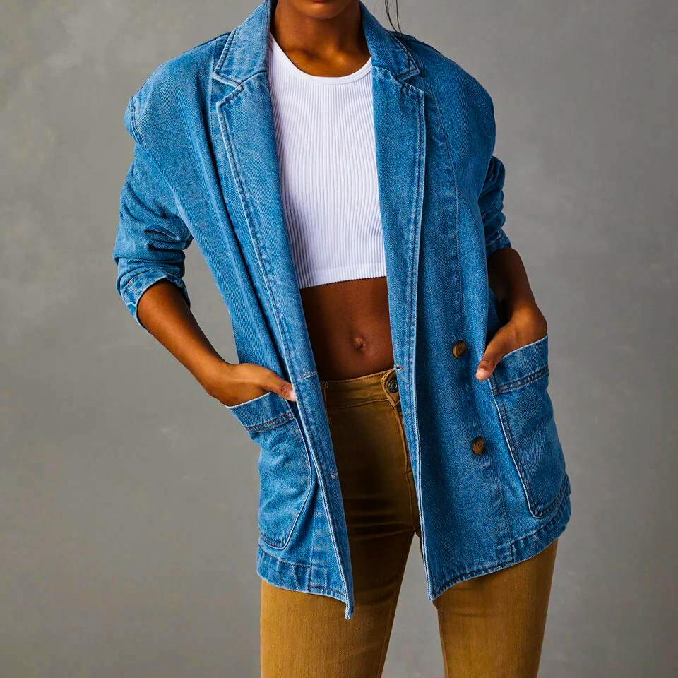 Women's Denim Blazer with Two-Button Closure for Casual Days -