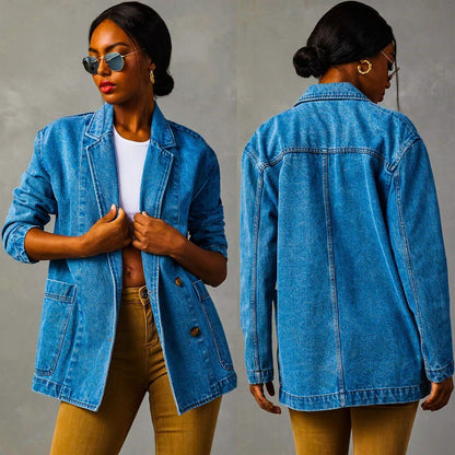 Women's Denim Blazer with Two-Button Closure for Casual Days -