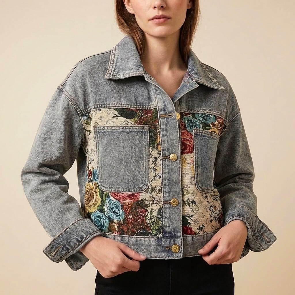 Women's Denim Jacket with Camellia motif for Casual Daywear