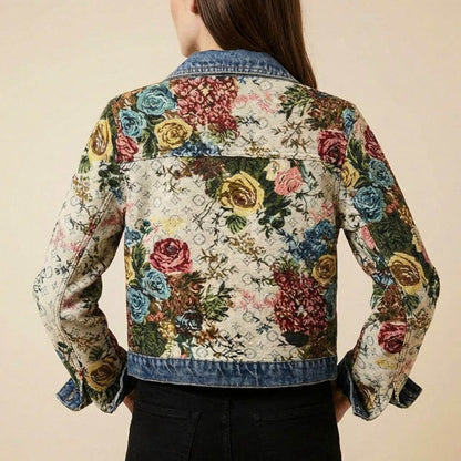 Women's Denim Jacket with Camellia motif for Casual Daywear