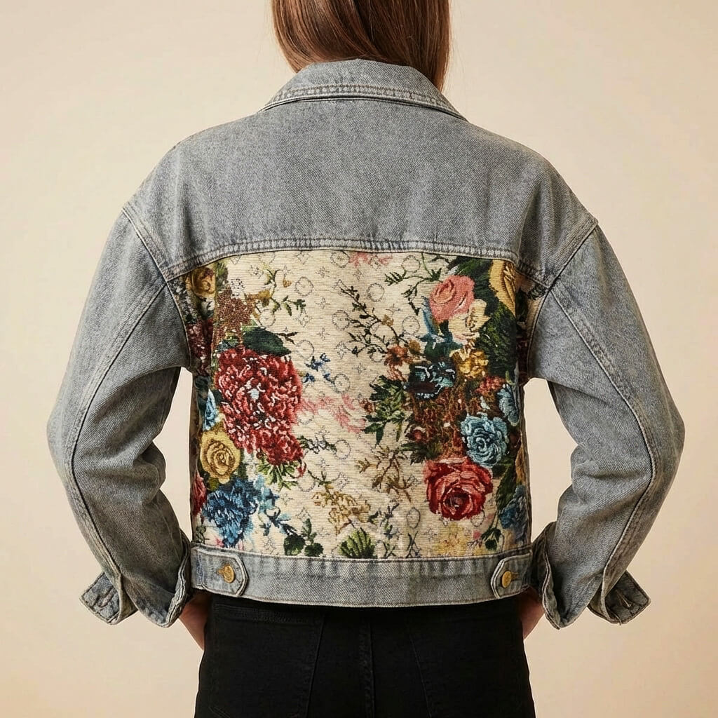 Women's Denim Jacket with Camellia motif for Casual Daywear