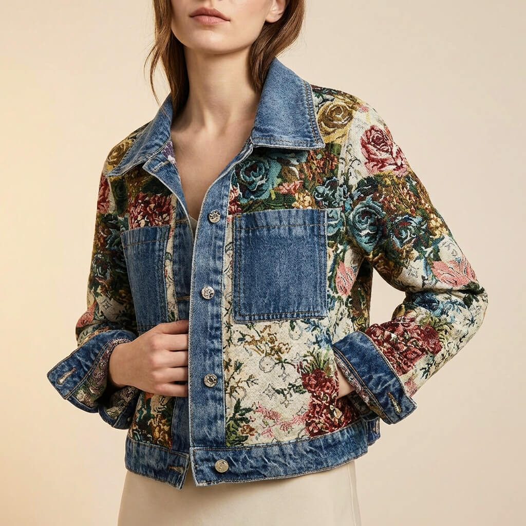 Women's Denim Jacket with Camellia motif for Casual Daywear