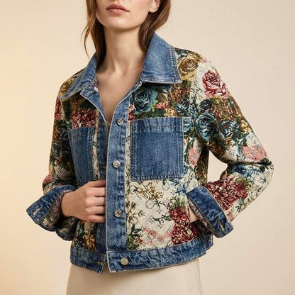 Women's Denim Jacket with Camellia motif for Casual Daywear
